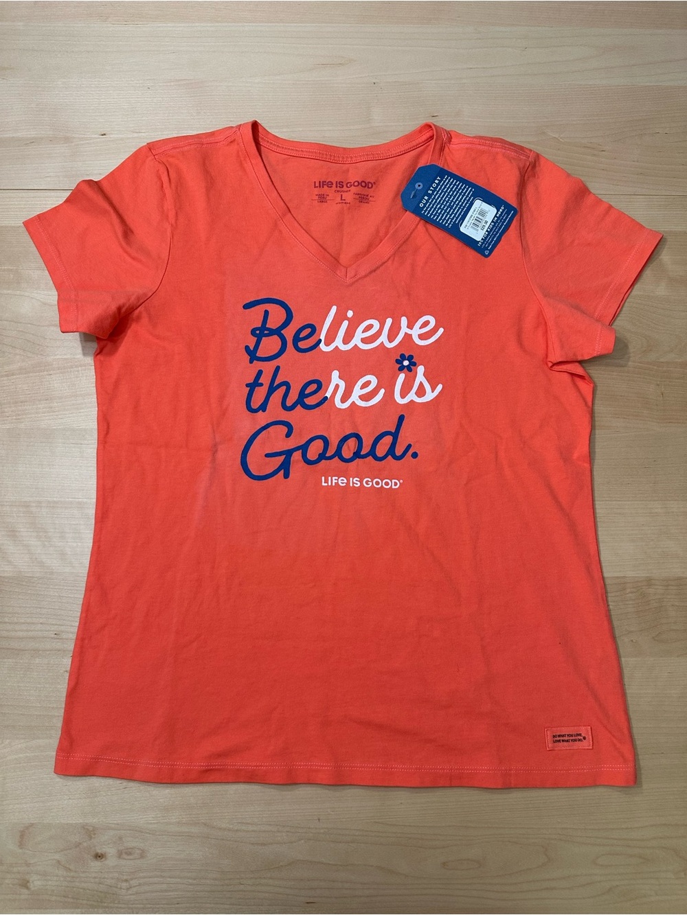 Life Is Good Coral V-Neck Tee with Navy & White Graphic